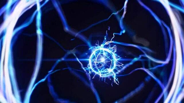 Plasma ball generating intense electric energy field, swirling with vibrant blue rays and creating mesmerizing electromagnetic spectacle against black background