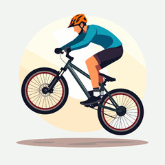 Obraz premium Pixel Art Style Mountain Biker Performing Wheelie in Orange Helmet Turquoise Jersey and Black Shorts Against Light Background