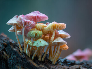 Colorful mushrooms growing on a log.