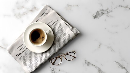 A minimalist flat lay of coffee cup eyeglasses and newspaper on marble table in natural light top down perspective