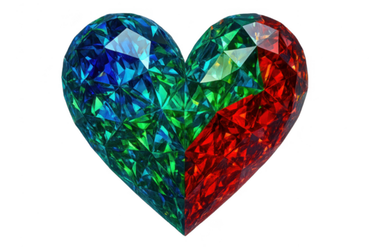 Multi-colored faceted heart gemstone, isolated on transparent background.
