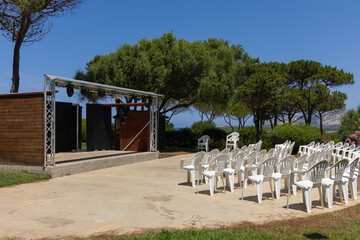 amphitheater, stage and chairs for entertainment programs in the hotel