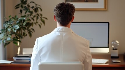 Young man working on computer, elegant, modern office background, view from the back