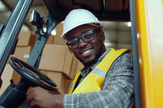 Portrait of american male warehouse worker in helmet and vest sitting in forklift truck