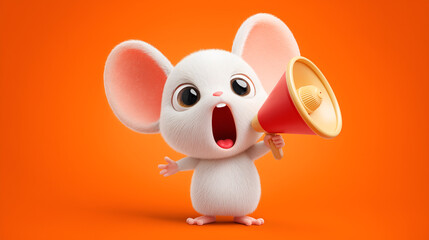 A cute mouse excitedly speaks into a large megaphone