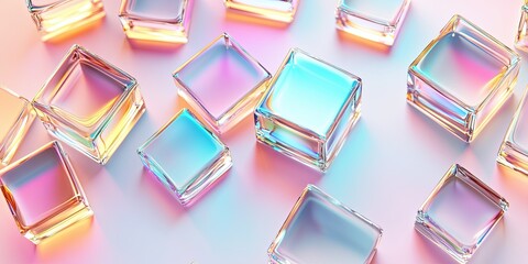 Colorful 3D glass shapes with prism light reflections in a geometric pattern on soft background