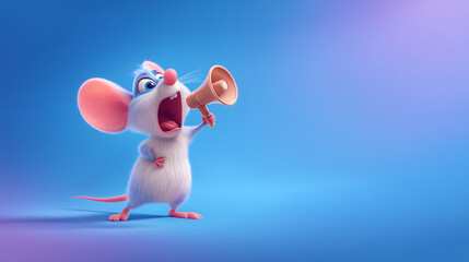 A cute mouse excitedly speaks into a large megaphone