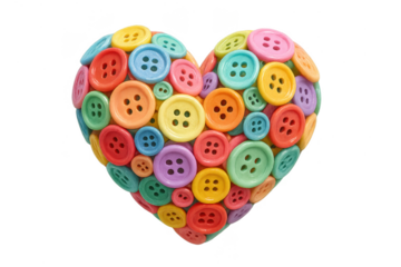 Colorful buttons arranged in a heart shape, isolated on a transparent background