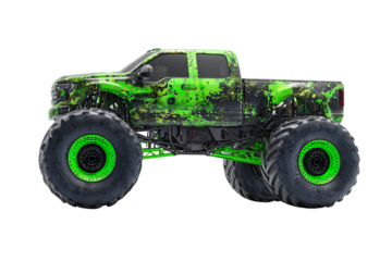 Green monster truck with large tires against a PNG background, monster truck, offroad vehicle, extreme sports, automotive, green, black, truck, large tires, wheels, suspension, custom paint, transpo