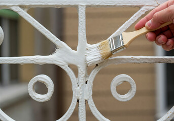 Close-up of hand brushing white paint onto ornamental iron fence outdoors