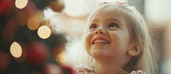 Captivating gaze of a young girl admiring the luminous glow of christmas lights