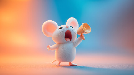 A cute mouse excitedly speaks into a large megaphone