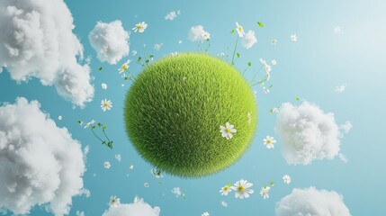 Floating grassy sphere with delicate flowers and fluffy clouds in a bright sky atmosphere