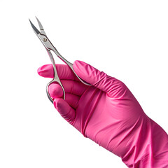A hand wearing a pink latex glove holds a pair of stainless steel nail scissors. The background is black, emphasizing the tools used for nail care.