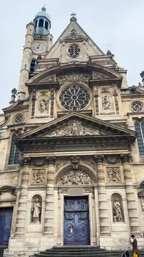 West front of the church of Saint-Etienne-du-Mont, 5th arrondissement of Paris on the rue Clovis near the Lycee Henri IV and the Pantheon. Vertical video.