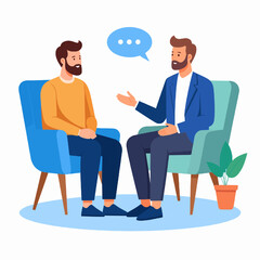 Two Men Engaging in Conversation While Sitting on Blue Chairs in a Minimalist Setting With Potted Plant and Light Blue Background