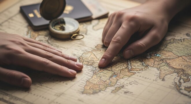 Planning Adventure: Hands on Antique Map with Compass and Passports