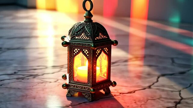 A detailed 3D icon of a traditional Eid lantern casting colorful geometric shadows on a marble surface in cartoon style. Eid al-Adha, Kurban Bayram, Islamic holiday, sacrifice tradition, Muslim feast.