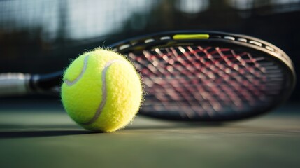 Illuminated tennis ball poised before a blurry racket on the court surface
