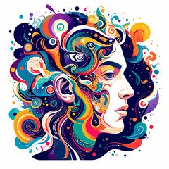 Vibrant Abstract Portrait of Woman with Colorful Swirls and Ornate Details on White Background