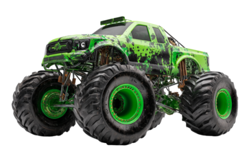 Green splatter paint monster truck with oversized tires on PNG background, monster truck, green, splatter paint, oversized tires, big tires, offroad, vehicle, automotive, truck, custom truck, extrem