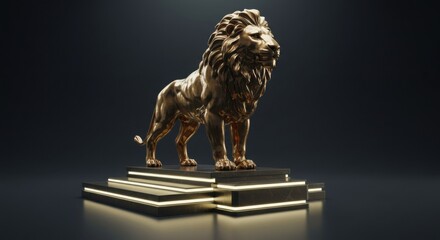 Metallic lion statue on a glowing business podium, symbol of power and resilience