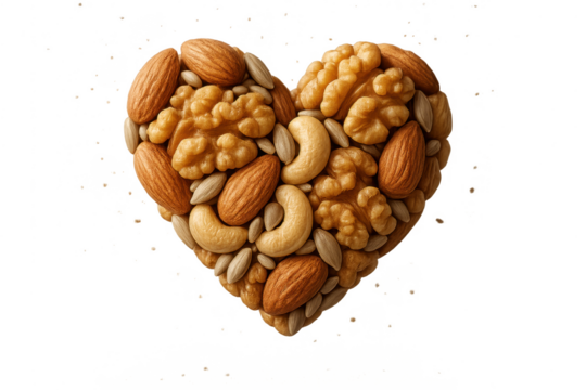 Healthy nut mix in a heart shape, isolated on transparent background