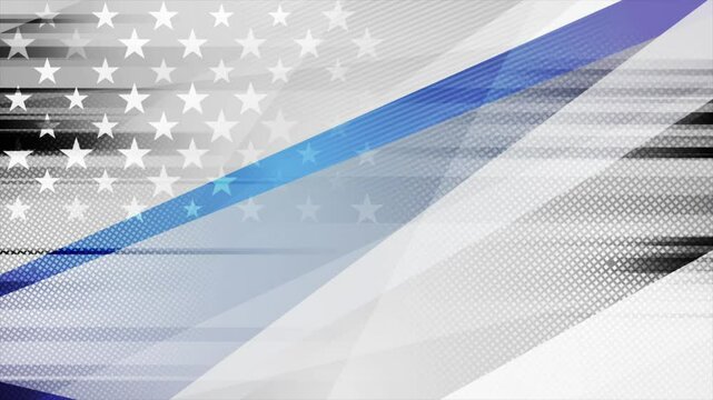 Grunge abstract black and white USA flag with blue stripe. American police force sign abstract background. Seamless looping motion design. Video animation Ultra HD 4K 3840x2160