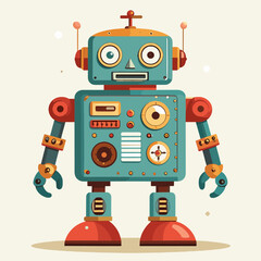 Fototapeta premium Vintage Style Teal Robot with Red Accents and Square Body on Cream Background Cartoon Illustration