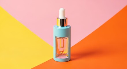 A blue serum bottle stands against a vibrant geometric background