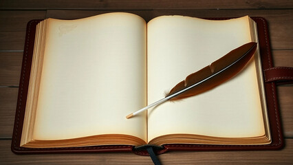 A leather-bound magazine decorated with pressed leaves. Open it to reveal handmade paper with serrated edges. A quill is pointed diagonally across the page.