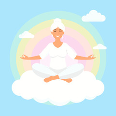 Obraz premium Woman Meditating in Lotus Position on a Cloud with Pastel Rainbow Background Peaceful Zen Harmony and Spiritual Wellness