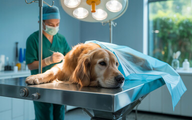 A dog in veterinary clinic waiting for operation with veterinarians in background. Pet care, surgery, animal hospital concept.