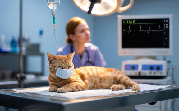 A cat wearing facemark in veterinary clinic waiting for operation with a veterinarian in background. Pet care, surgery, animal hospital concept.	