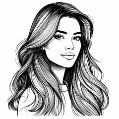 Detailed Portrait Illustration of a Young Woman with Long Wavy Hair a Monochrome Art Piece