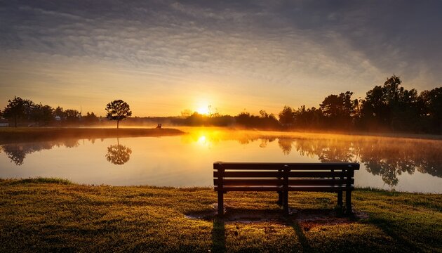 golden sunrise illuminates an empty park bench peaceful morning scene tranquil colors reflection