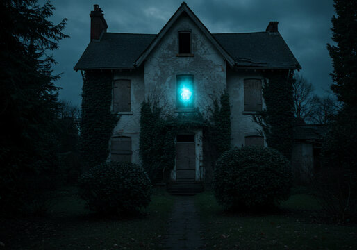 Mysterious glowing orb levitating in front of a dark spooky haunted house at night creating a supernatural scene - Powered by Adobe