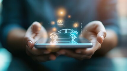 Futuristic automotive management app showcased on a smartphone screen held by person