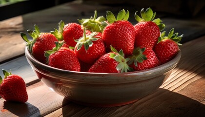 fresh strawberries fill a ceramic bowl atop a rustic wooden table sunlight casting shadows and highlighting the vibrant red of the fruit