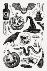 Halloween poster design template. Vintage wall art. Vector hand-drawn illustration for print. NOT AI generated