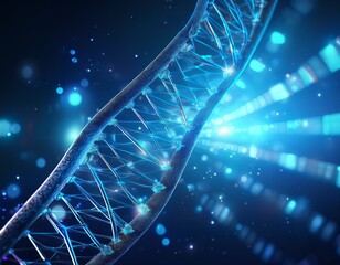 abstract digital illustration of glowing dna double helix strand on futuristic blue technology background representing genetic science biotechnology and molecular research innovation