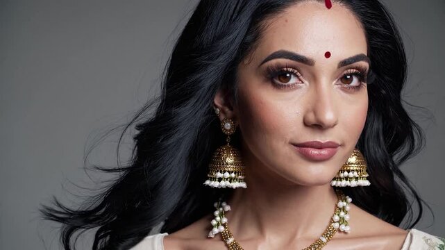Studio portrait of a young indian woman wearing traditional jewelry and makeup, her long dark hair flowing gently as she gazes calmly at the camera against a white background