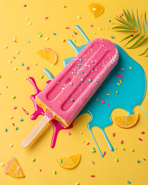 Melting Neon Pink Popsicle on Yellow Surface