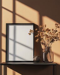 A stylish vase with dried flowers beside an empty frame in soft sunlight.