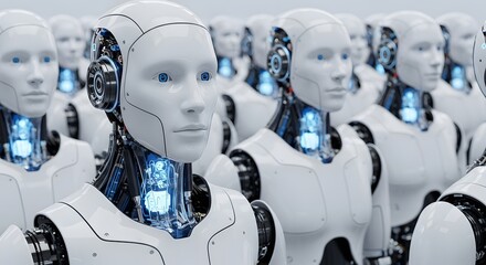 A crowd of identical humanoid robots standing together. Represents mass production, automation, workforce of the future, conformity, and AI.