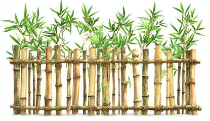 Bamboo fence with green leaves, showcasing natural elements.
