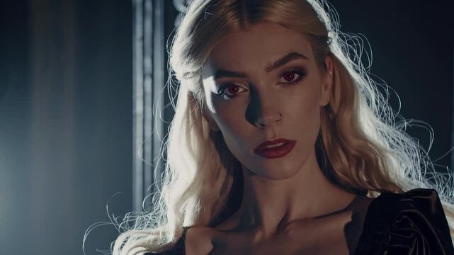 Pale vampire woman with intense red eyes and blond hair gazing directly at camera, wearing elegant dark dress in shadowy room, embodying gothic horror aesthetic