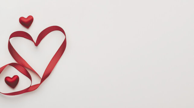Red ribbon shaped heart with two small red hearts white background expressing love and affection