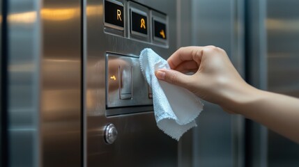 Disinfecting elevator buttons with a soft cloth for hygienic safety precaution