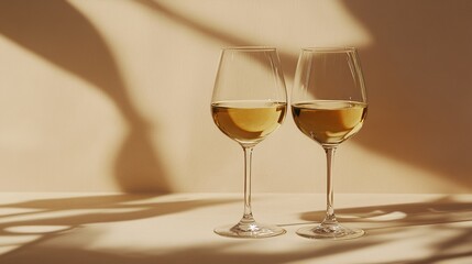 Two glasses with white wine placed on light beige background 